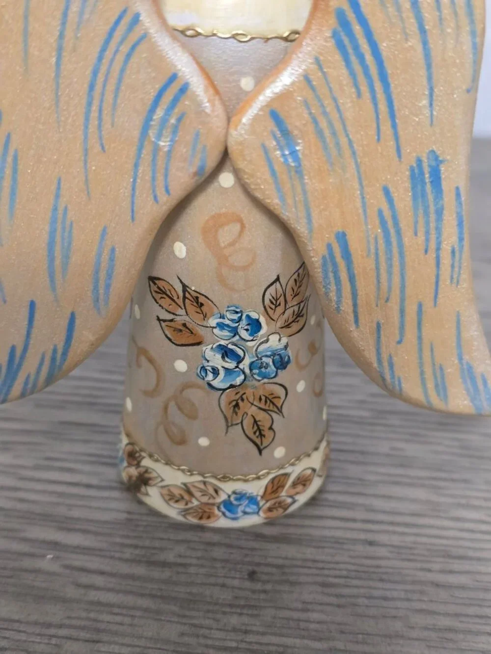 Russian Hand Painted Wooden Angel Blue and Gold Floral Folk Art Signed 5